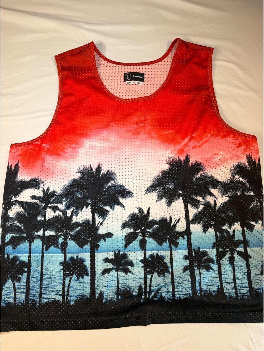Original Use XXL Red Gradient Palm Tree Print Mesh Tank Top